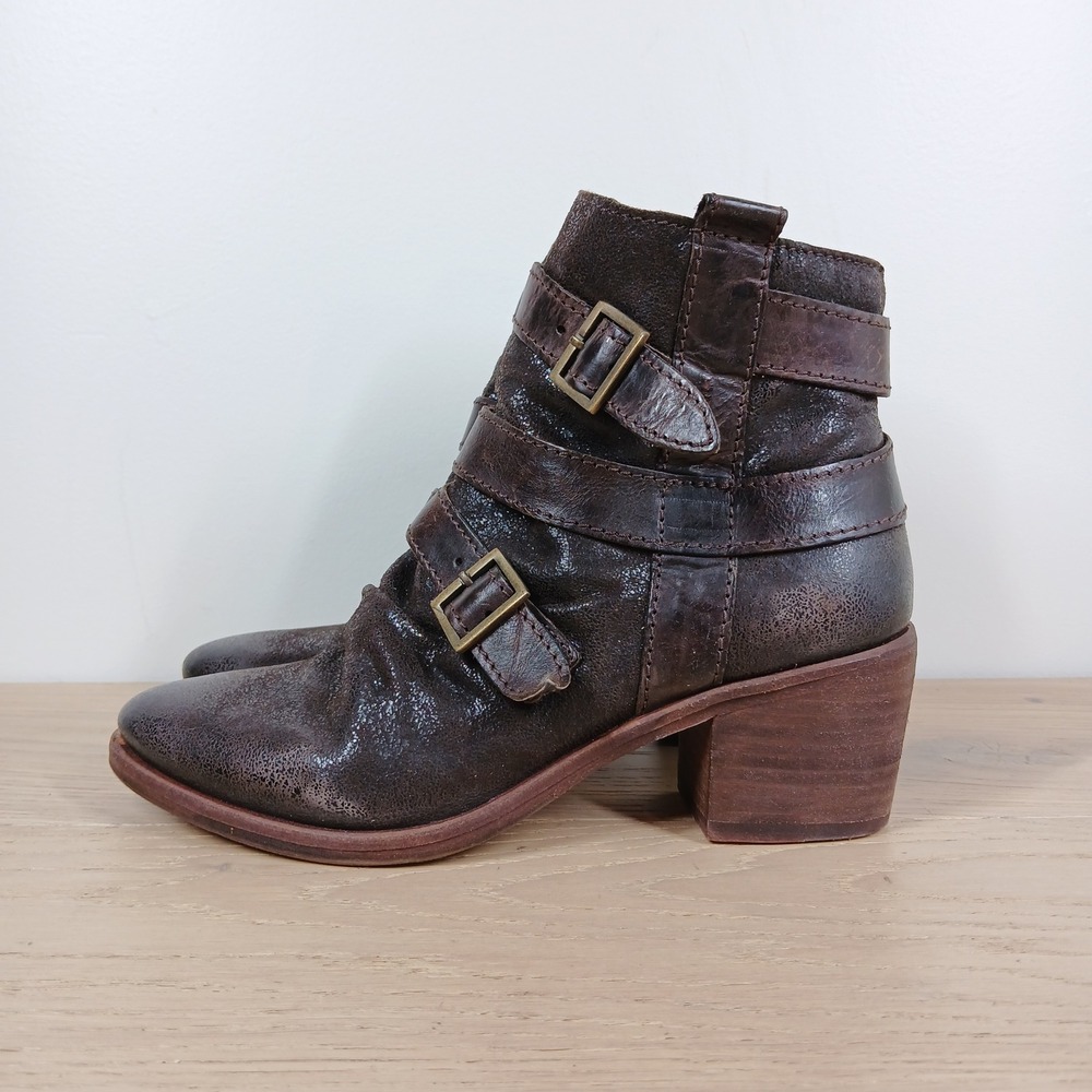 KDB Boots Women 8.5 Brown Leather Buckle Strap Ankle Block Heel Western Boho